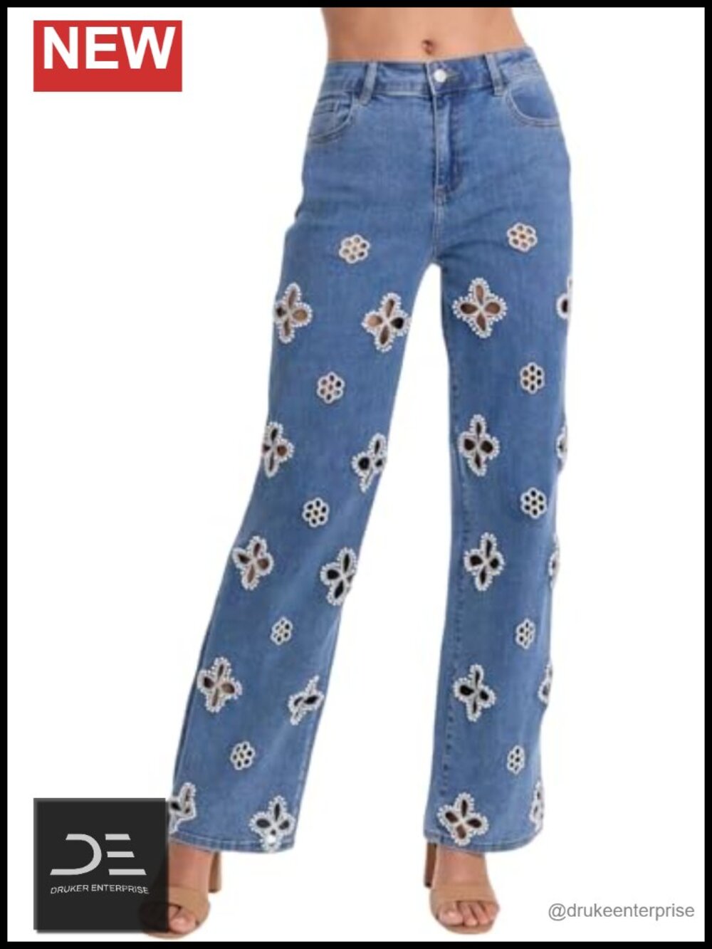 Pearl Rhinestone Embellished Straight Leg Jeans Mid Rise Denim Pants